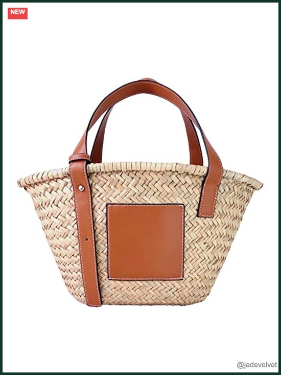 Handbags - Natural Straw Woven Tote Bag with PU Leather Strap Top Handle